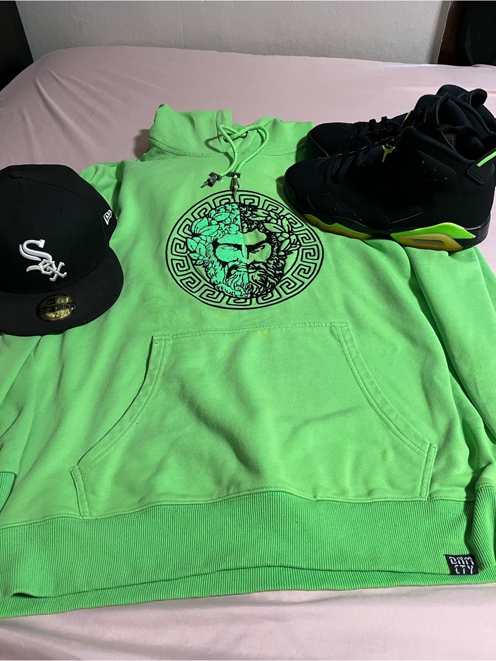 Neon Green Graphic Hoodie with Medusa Emblem